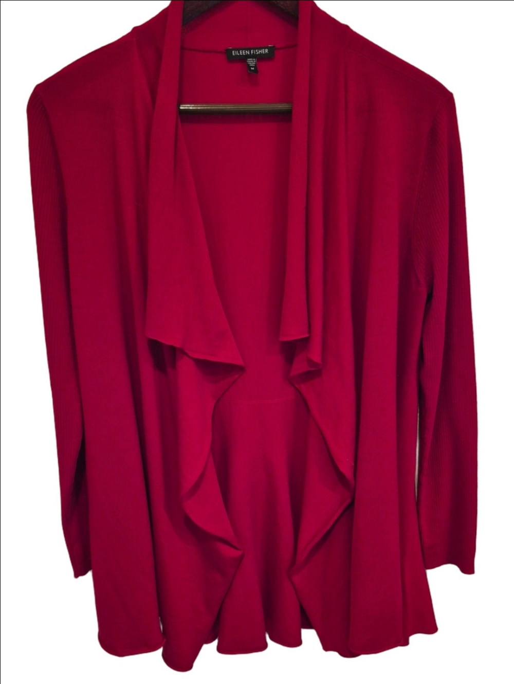 Eileen Fisher Dark Red Draped Open-Front Merino Wool Cardigan In Size Medium